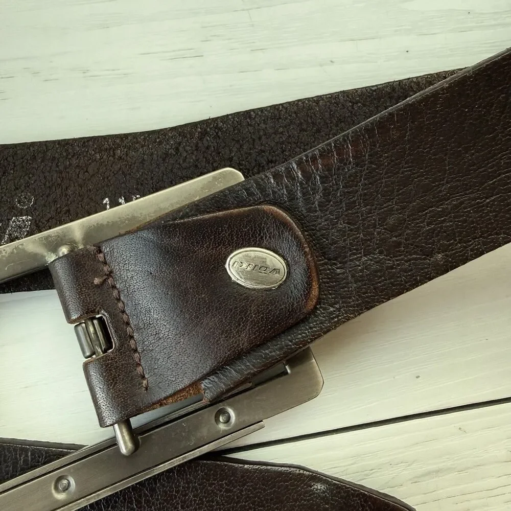 VTG Völkl 1990 Brown Leather Belt Big Metal Logo Buckle Ski Germany Mens